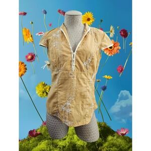 CAIPIRINHA Mustard Yellow Embroidered Mandarin Blouse Shirt Tee Women's 8